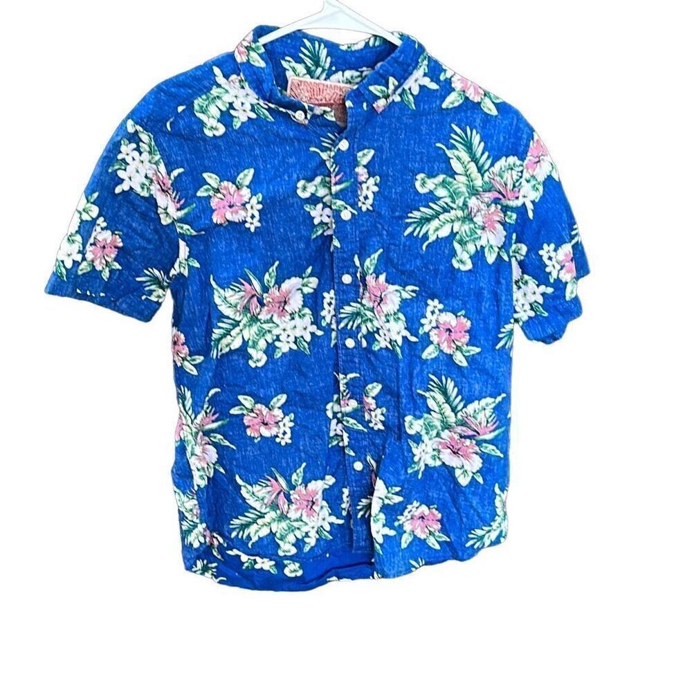 Brooklyn Men's Hawaiian Floral Short Sleeve Button-Up Blue Shirt Size Large
